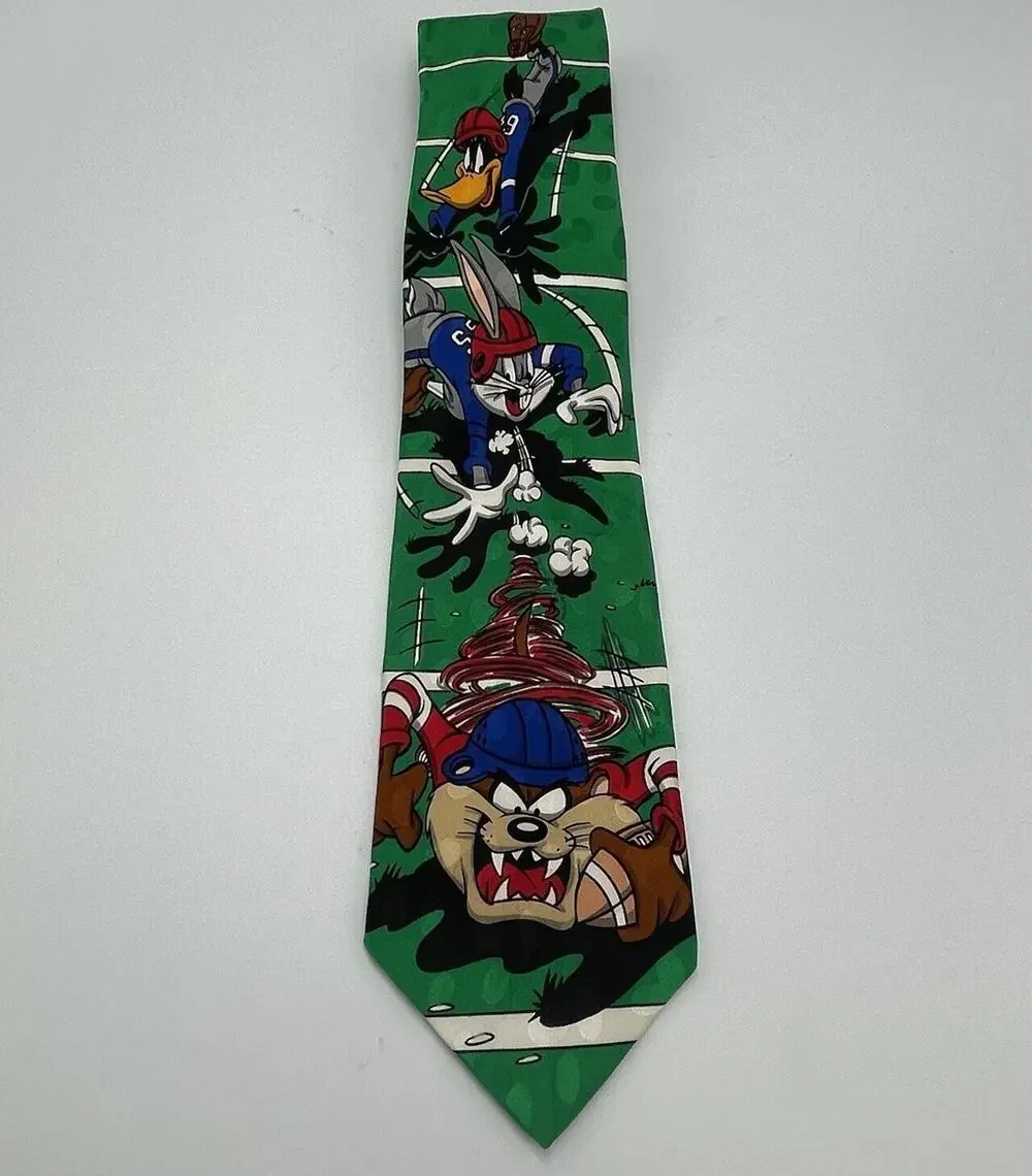 Vintage 1993 Looney Tunes Football Novelty 3.75x60 Tie Bugs Bunny Daffy Taz SILK